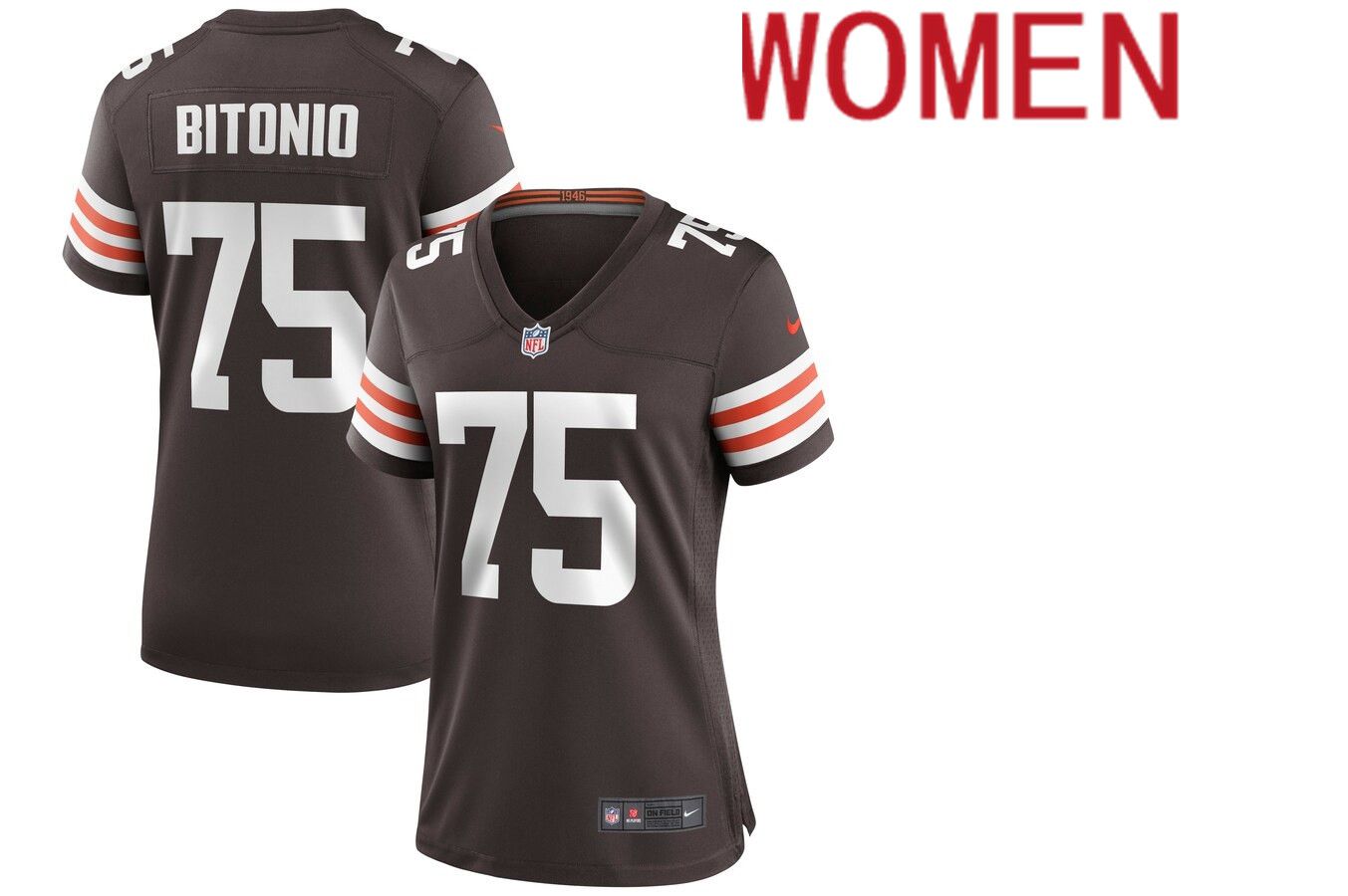 Women Cleveland Browns #75 Joel Bitonio Nike Brown Game NFL Jersey->women nfl jersey->Women Jersey